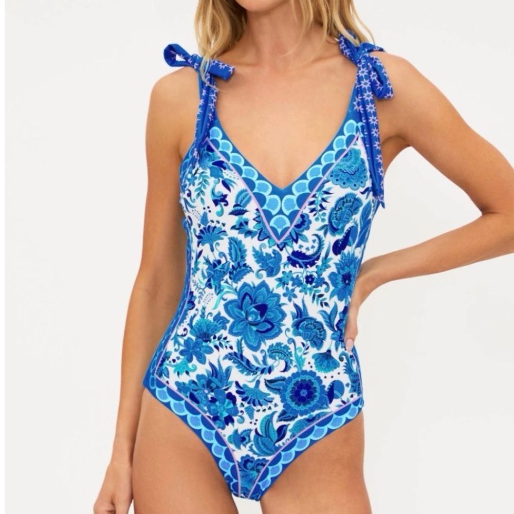 Women Blue Floral One-Piece Swimsuit with Tie Straps - beach riot size small nwt